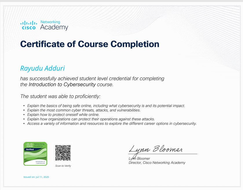 Introduction to Cybersecurity Completion Certificate